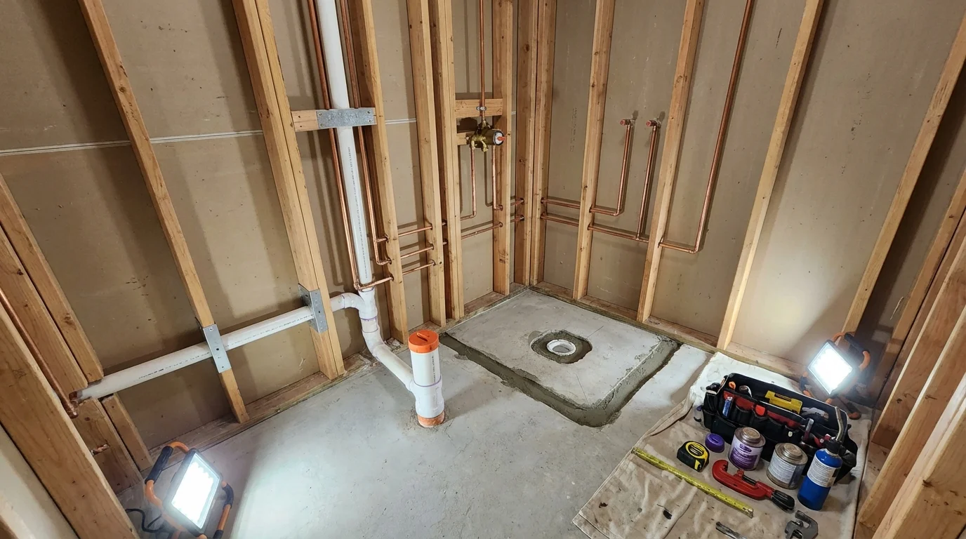 Bathroom rough-in plumbing during remodel by Johns Plumbing LLC in Timber Lake