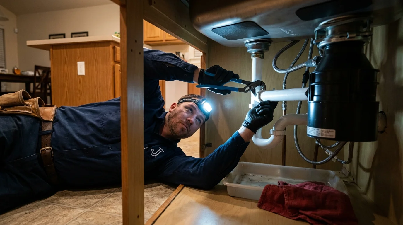 P-trap and supply line connections under a kitchen sink showing a common leak point in Timber Lake, SD